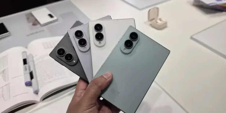 Tangan memegang empat unit smartphone lipat dalam susunan kipas memperlihatkan varian warna bodi Galaxy Z Fold 8.