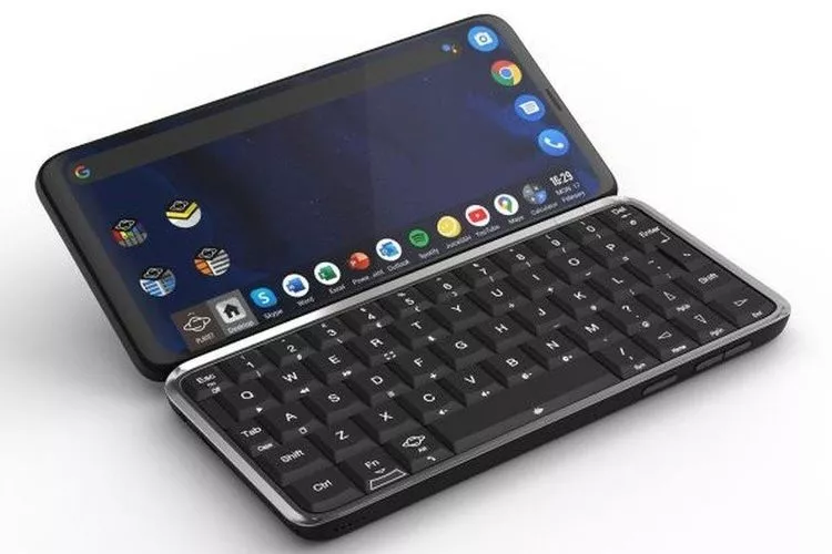 Perangkat smartphone yang dibuka ke samping memperlihatkan layar lebar dan keyboard fisik lengkap untuk HP Android dengan Keyboard QWERTY.