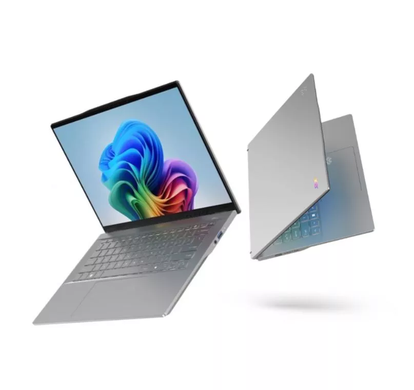 Desain melayang laptop Acer Swift Air 14 AI memperlihatkan layar Windows 11 dan bodi yang ramping.
