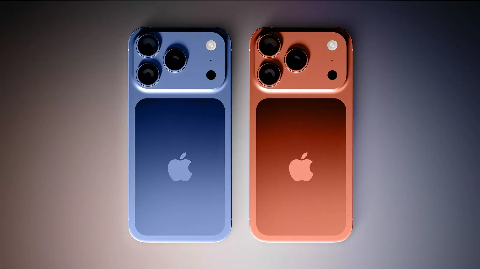 Perbandingan bodi belakang dua varian warna iPhone 17 Pro biru dan oranye.