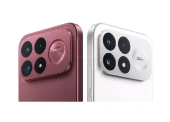 Tampilan sudut atas modul kamera POCO F9 Pro varian merah maroon dan putih perak.