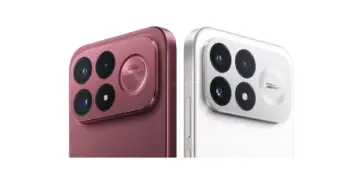 Tampilan sudut atas modul kamera POCO F9 Pro varian merah maroon dan putih perak.