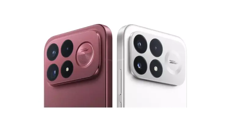 Tampilan sudut atas modul kamera POCO F9 Pro varian merah maroon dan putih perak.
