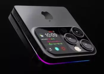 Tampilan layar sekunder eksterior iPhone layar lipat saat kondisi terlipat rapat.