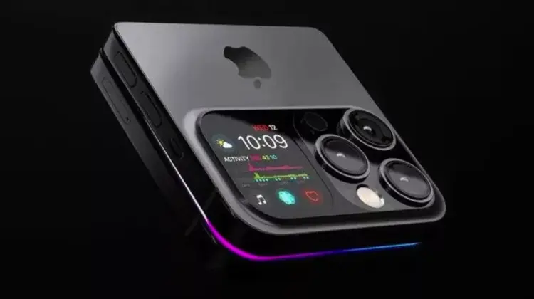 Tampilan layar sekunder eksterior iPhone layar lipat saat kondisi terlipat rapat.