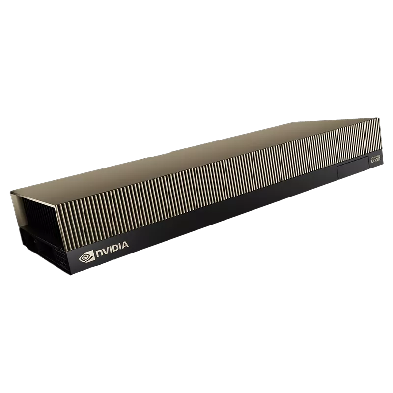 Profil samping NVIDIA RTX Pro 6000, menampilkan detail sirip pendingin dan konektor daya yang rapi.