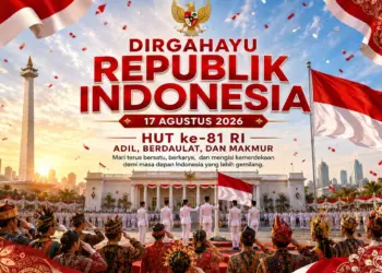 Desain Poster HUT RI ke-81 megah menampilkan Monas Istana Merdeka dan lambang Garuda