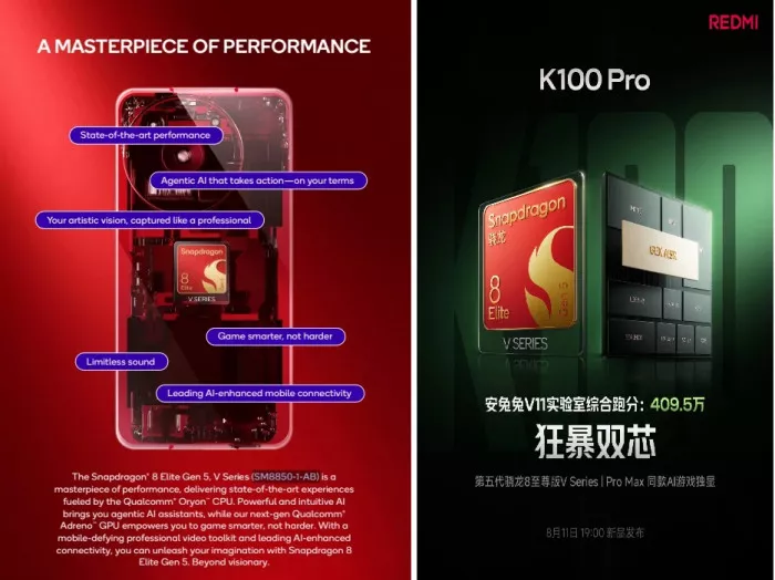 Poster fitur unggulan Snapdragon 8 Elite Gen 5 V dan skor AnTuTu V11 Redmi K100 Pro mencapai 4.095.000 poin.