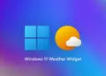 Logo Windows 11 dan ikon widget aplikasi cuaca dengan latar belakang gradasi warna biru ke ungu.