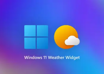 Logo Windows 11 dan ikon widget aplikasi cuaca dengan latar belakang gradasi warna biru ke ungu.
