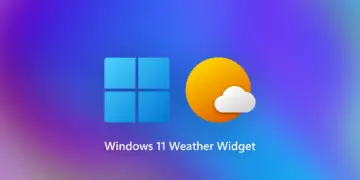 Logo Windows 11 dan ikon widget aplikasi cuaca dengan latar belakang gradasi warna biru ke ungu.
