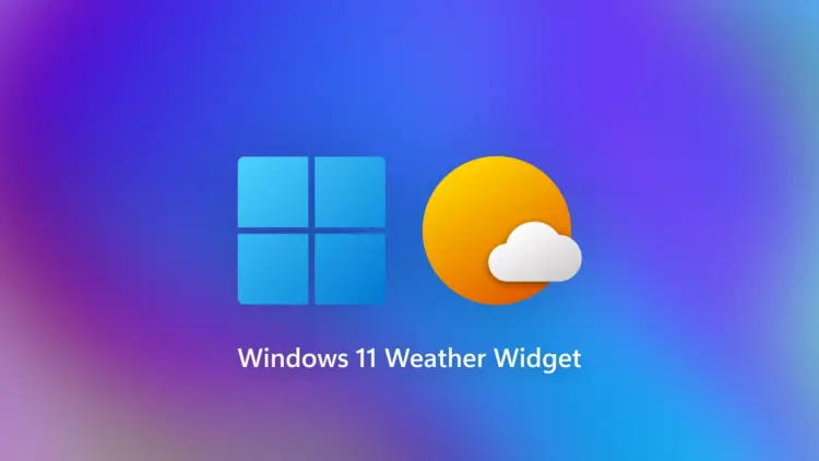Logo Windows 11 dan ikon widget aplikasi cuaca dengan latar belakang gradasi warna biru ke ungu.