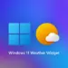 Logo Windows 11 dan ikon widget aplikasi cuaca dengan latar belakang gradasi warna biru ke ungu.