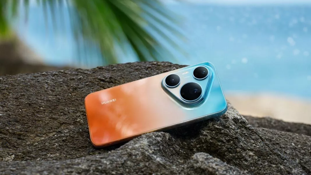 Huawei Pura 90s dengan warna gradasi pantai diletakkan di atas batu karang