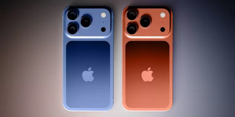 Tampilan bodi belakang iPhone 17 varian warna biru dan oranye dengan modul kamera berdesain memanjang.