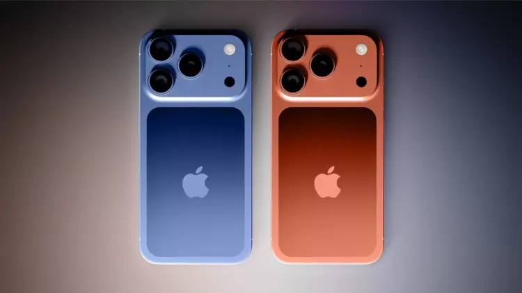 Tampilan bodi belakang iPhone 17 varian warna biru dan oranye dengan modul kamera berdesain memanjang.