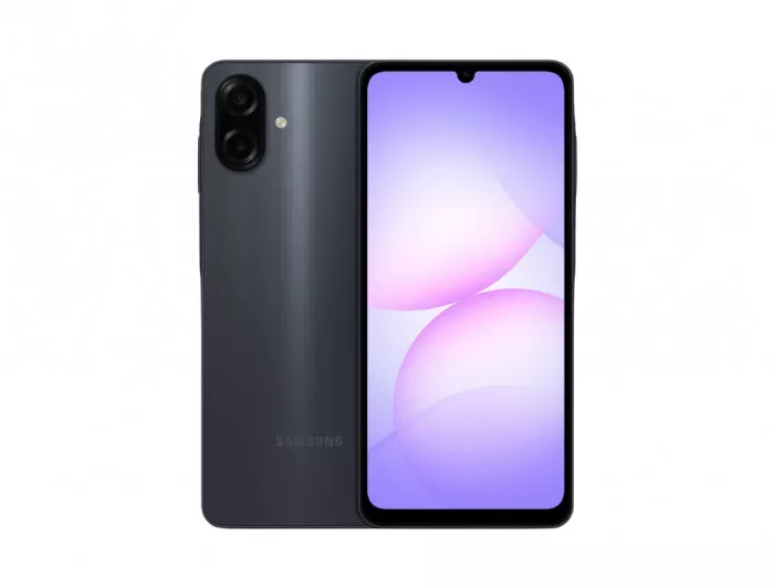 Tampilan bodi depan dan belakang Samsung Galaxy A08 4G varian warna hitam dengan desain dual kamera.