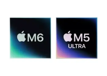 Logo chipset Apple Silicon M6 dan Apple Silicon M5 Ultra berdampingan dengan latar belakang gelap.