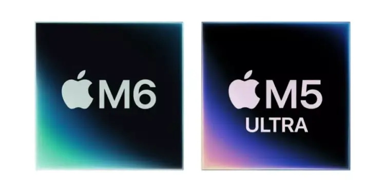 Logo chipset Apple Silicon M6 dan Apple Silicon M5 Ultra berdampingan dengan latar belakang gelap.