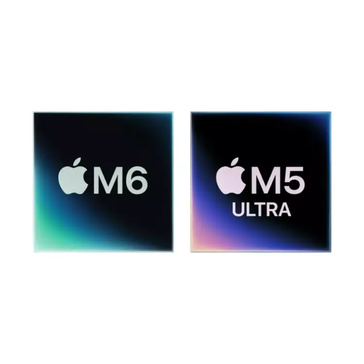 Logo chipset Apple Silicon M6 dan Apple Silicon M5 Ultra berdampingan dengan latar belakang gelap.