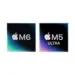 Logo chipset Apple Silicon M6 dan Apple Silicon M5 Ultra berdampingan dengan latar belakang gelap.