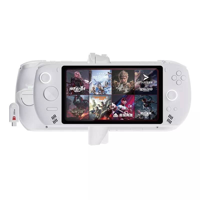 Handheld Android Lenovo Legion C700 warna putih beserta aksesoris controller grip.