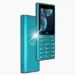 Feature phone HMD 105 4G School Edition warna biru cyan tampak depan dan belakang dengan kilauan cahaya.