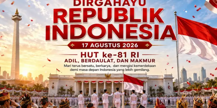 Desain Poster HUT RI ke-81 megah menampilkan Monas Istana Merdeka dan lambang Garuda