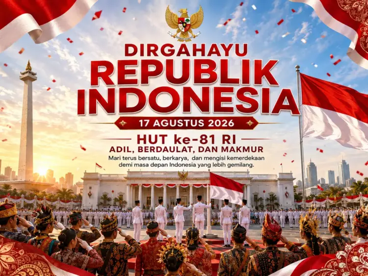 Desain Poster HUT RI ke-81 megah menampilkan Monas Istana Merdeka dan lambang Garuda