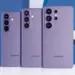 Perbandingan desain bodi belakang dan kamera Galaxy S26 FE bersama varian Galaxy S26 reguler, Plus, dan Ultra berwarna ungu.