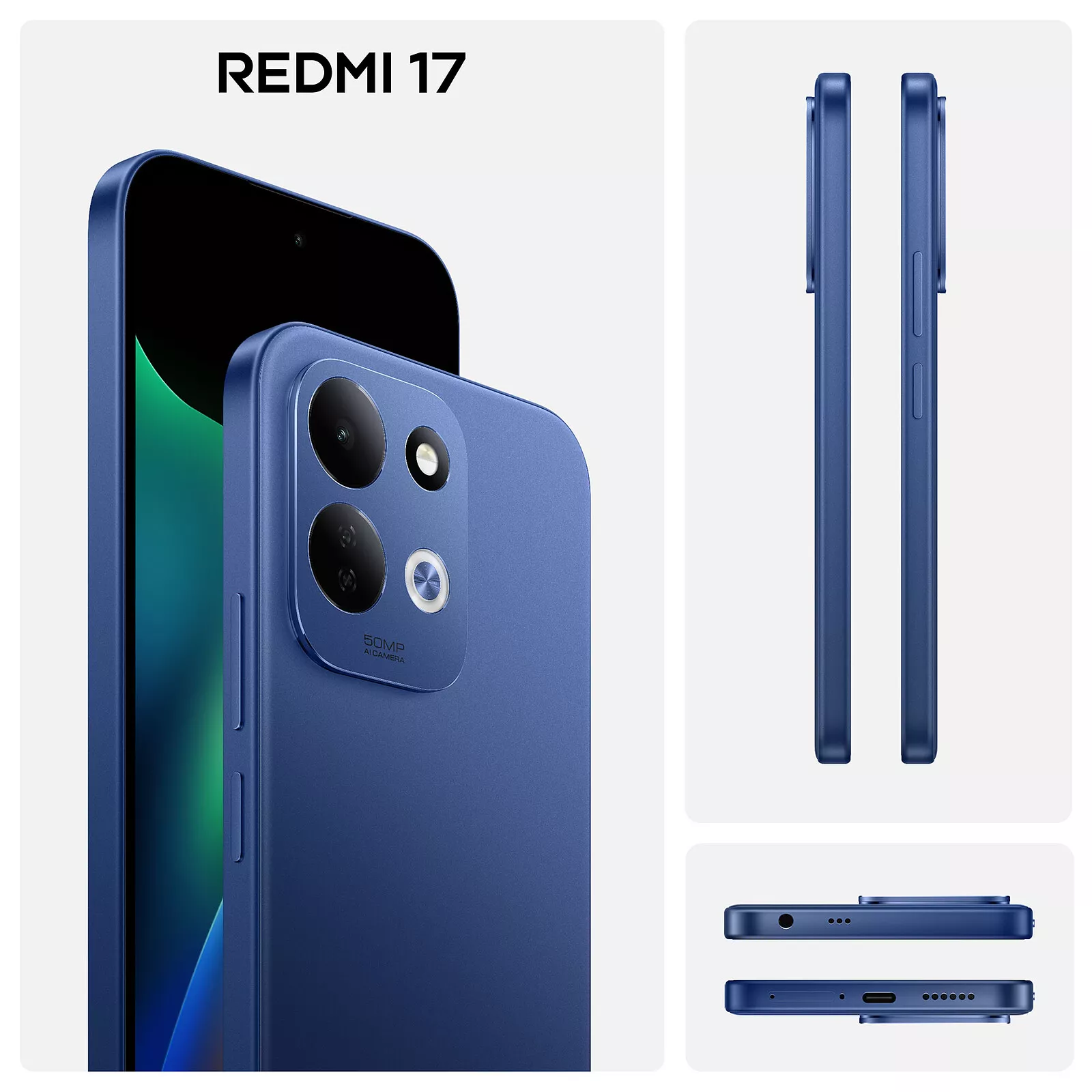 Tampilan jarak dekat modul kamera 50MP AI Camera, lampu Dynamic RGB, serta port dan tombol pada bodi REDMI 17 4G.