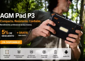 Poster promosi spesifikasi utama tablet AGM Pad P3 Compact yang tahan air dan memiliki baterai 7200mAh.