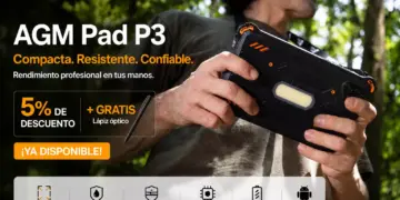 Poster promosi spesifikasi utama tablet AGM Pad P3 Compact yang tahan air dan memiliki baterai 7200mAh.