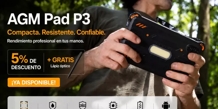 Poster promosi spesifikasi utama tablet AGM Pad P3 Compact yang tahan air dan memiliki baterai 7200mAh.
