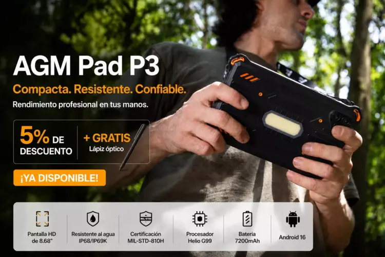 Poster promosi spesifikasi utama tablet AGM Pad P3 Compact yang tahan air dan memiliki baterai 7200mAh.