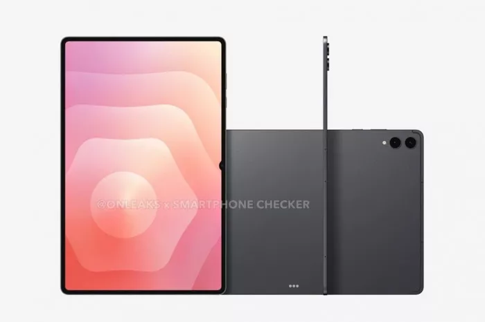 Bocoran desain tablet Samsung Galaxy Tab dengan layar OLED tipis dan bodi belakang abu-abu.