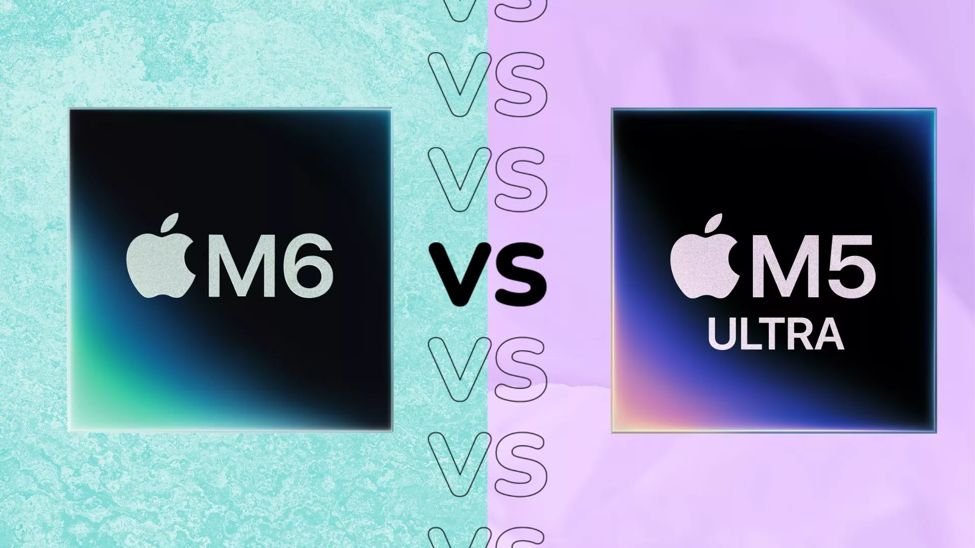 Grafik perbandingan Chipset Apple M6 vs Apple M5 Ultra dengan latar belakang warna pastel.