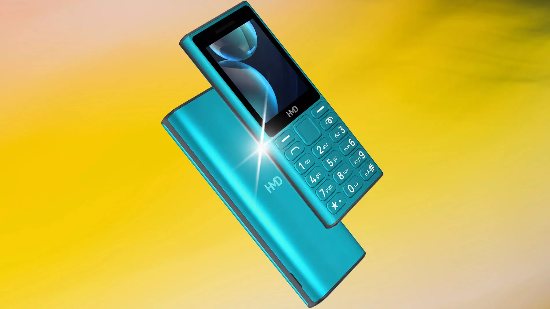 HMD 105 4G School Edition posisi miring dengan latar belakang kuning cerah