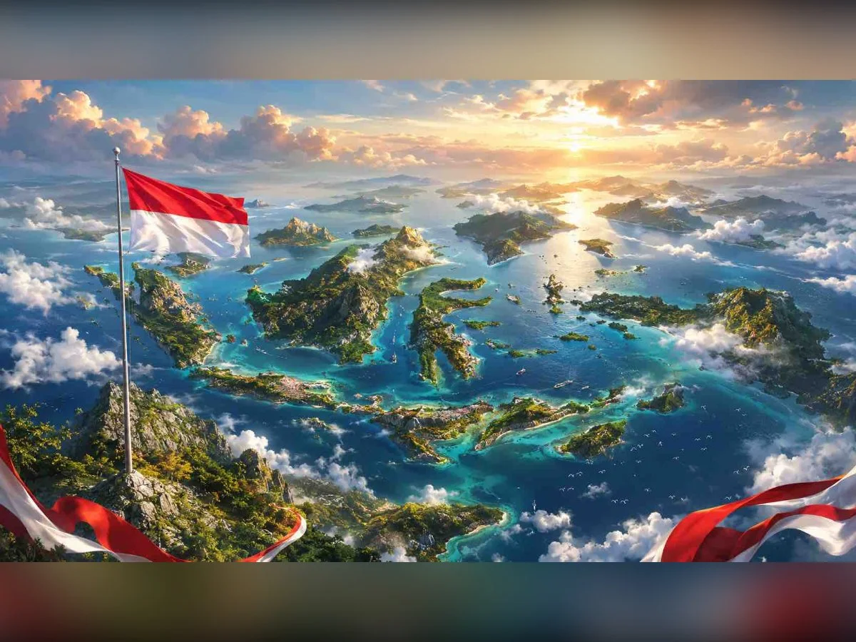 Poster HUT RI ke-81 bertema lanskap pemandangan indah peta kepulauan Indonesia dari udara