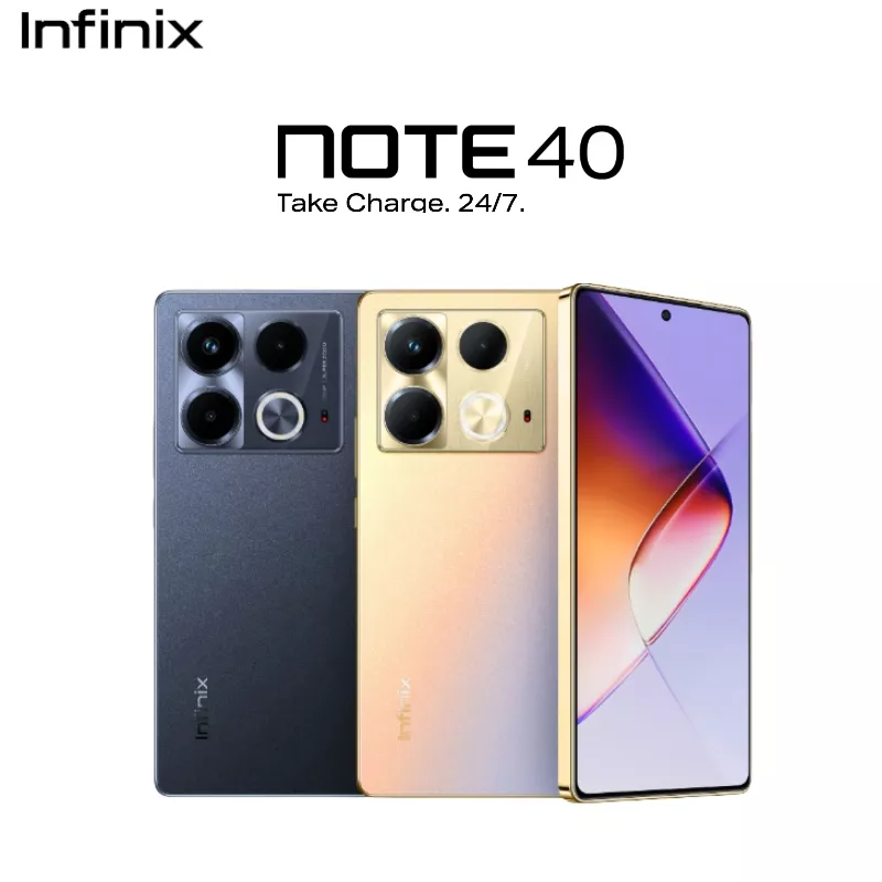 Poster produk Infinix Note 40 menampilkan bagian depan layar dan pilihan warna bodi belakang.