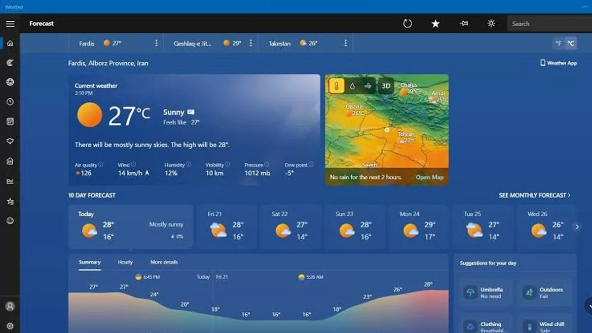 Dasbor lengkap aplikasi cuaca Windows 11 dengan peta suhu, prakiraan 10 hari, dan indikator kualitas udara.