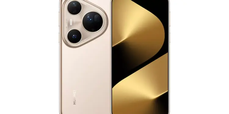 Tampilan depan dan belakang smartphone Huawei Pura 90s warna emas dengan modul kamera telefoto 200MP