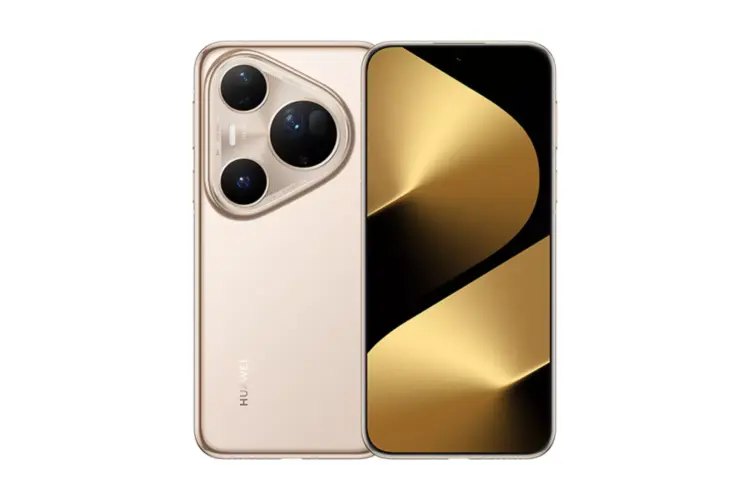Tampilan depan dan belakang smartphone Huawei Pura 90s warna emas dengan modul kamera telefoto 200MP