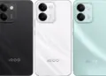 Tampak belakang smartphone iQOO Z11S dalam warna hitam, putih, dan hijau mint dengan kamera 50MP Aspherical.