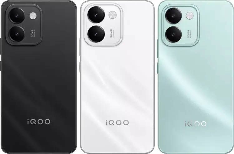 Tampak belakang smartphone iQOO Z11S dalam warna hitam, putih, dan hijau mint dengan kamera 50MP Aspherical.