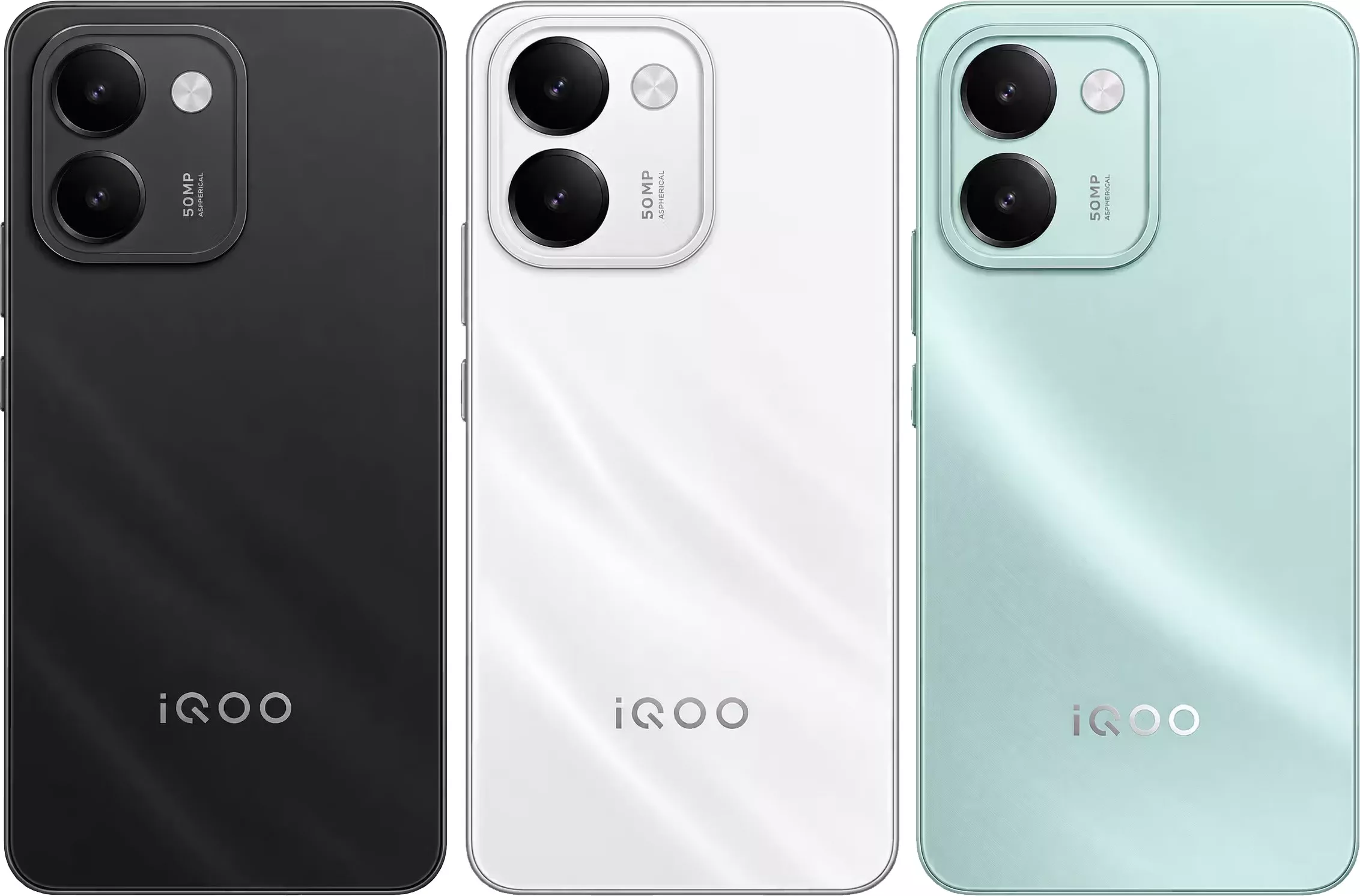 Tampak belakang smartphone iQOO Z11S dalam warna hitam, putih, dan hijau mint dengan kamera 50MP Aspherical.