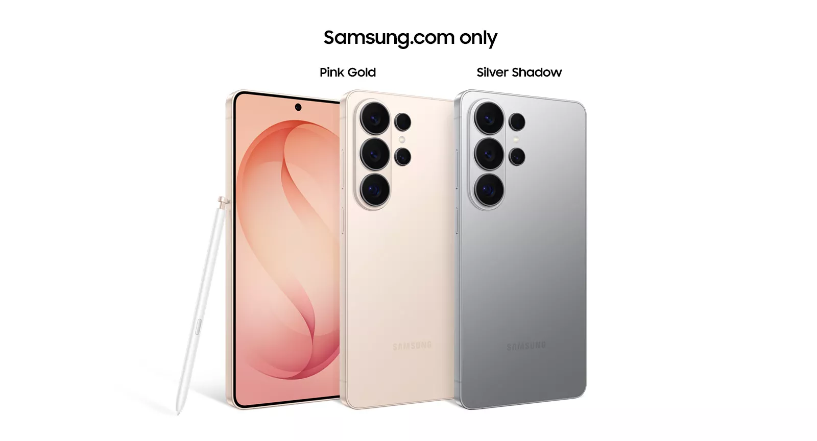 Samsung Galaxy S24 Ultra varian warna Pink Gold dan Silver Shadow lengkap dengan Stylus S Pen di sebelahnya.