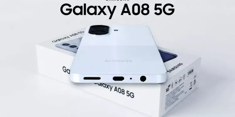Bodi bawah Samsung Galaxy A08 4G di atas kotak dus penjualan yang menampilkan port USB-C dan audio jack 3.5mm.
