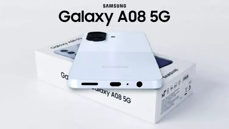 Bodi bawah Samsung Galaxy A08 4G di atas kotak dus penjualan yang menampilkan port USB-C dan audio jack 3.5mm.