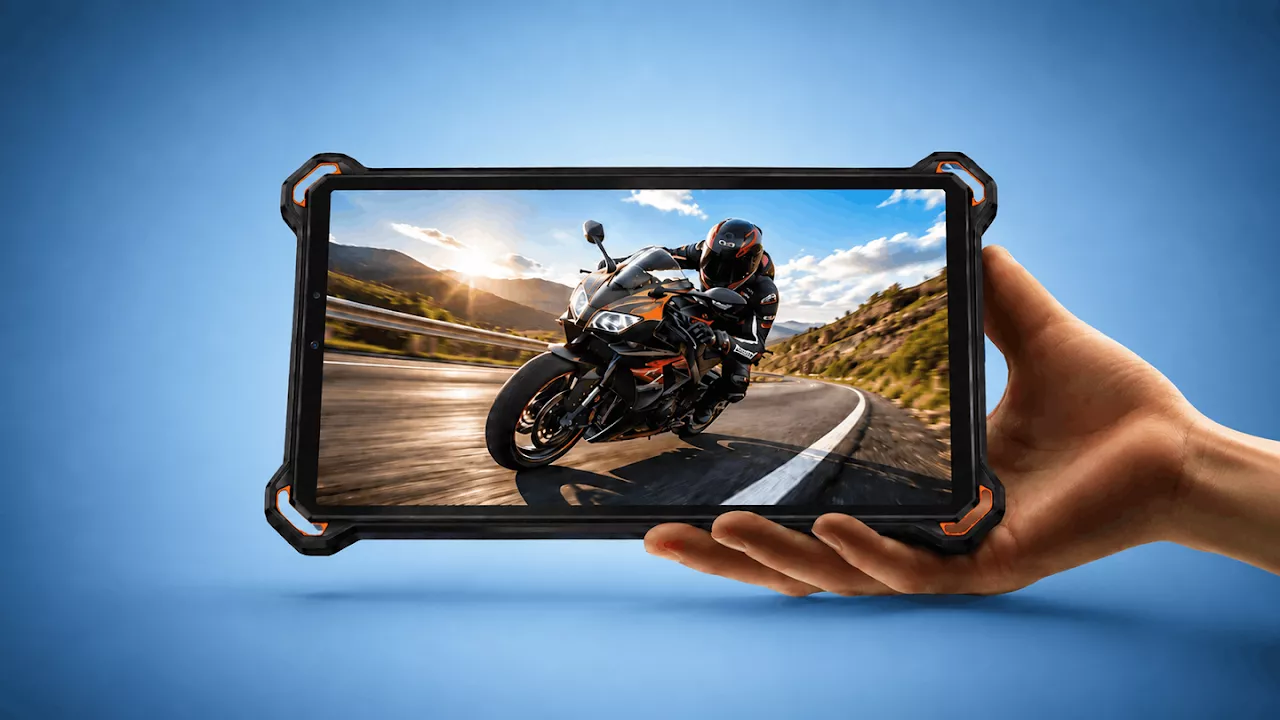 Tampilan depan tablet AGM Pad P3 Compact dengan layar jernih saat dipegang menggunakan satu tangan.